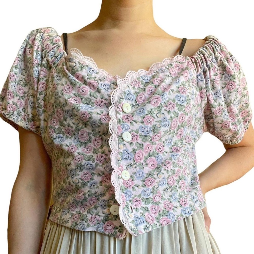 VINTAGE 80s/90s LAJATE FLORAL PUFF SLEEVE CROP TOP size large